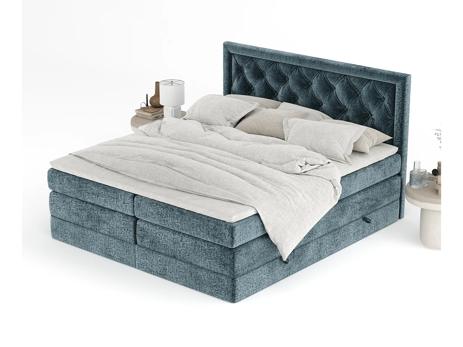 Boxspringbett aus Chenille-Stoff Aurelia - Matratze - Toppermatratze - 180x200 cm - blau