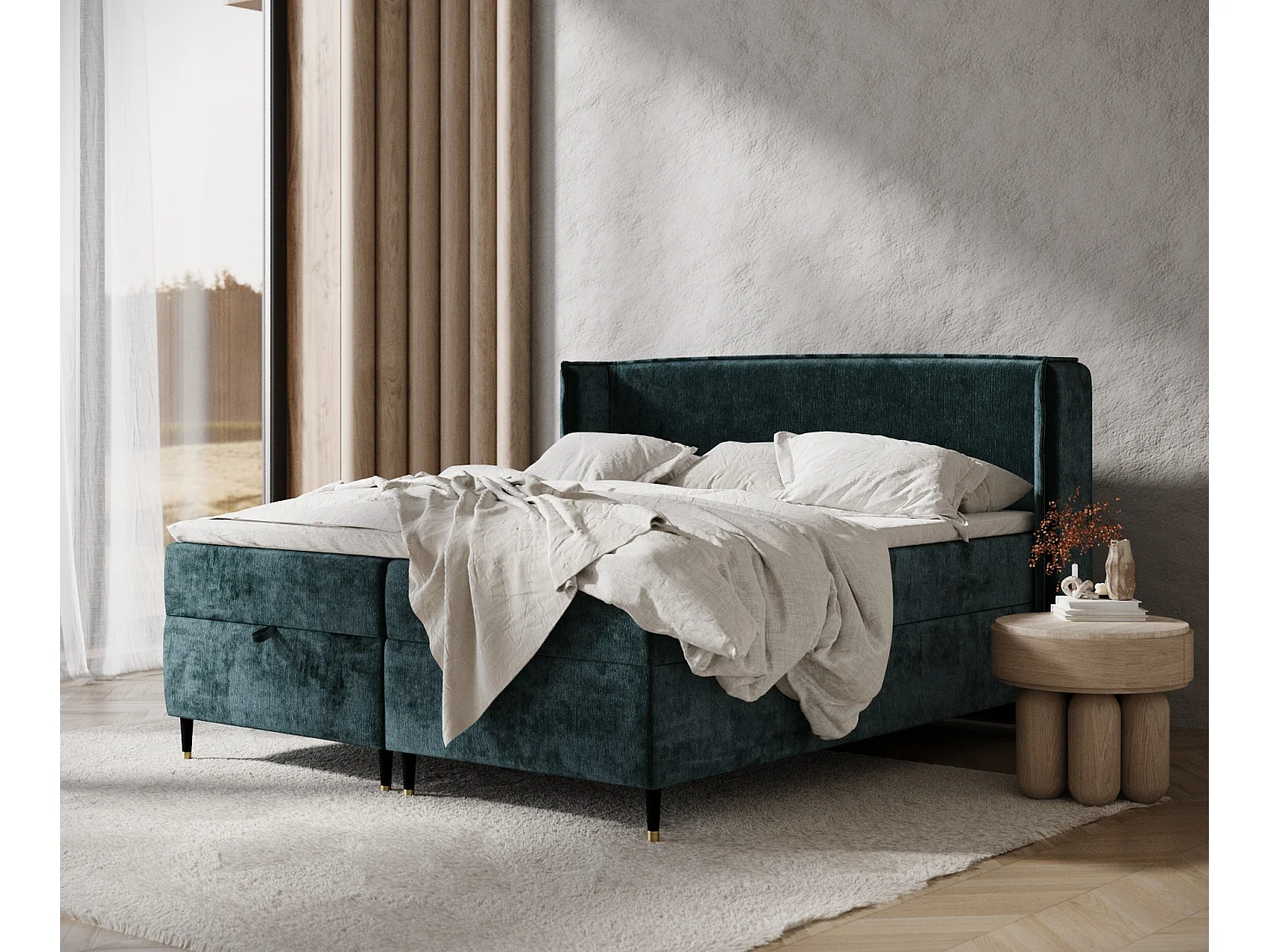 Lit boxspring en tissu chenille Monpelli - matelas - surmatelas - 200x200 cm - couleur sarcelle