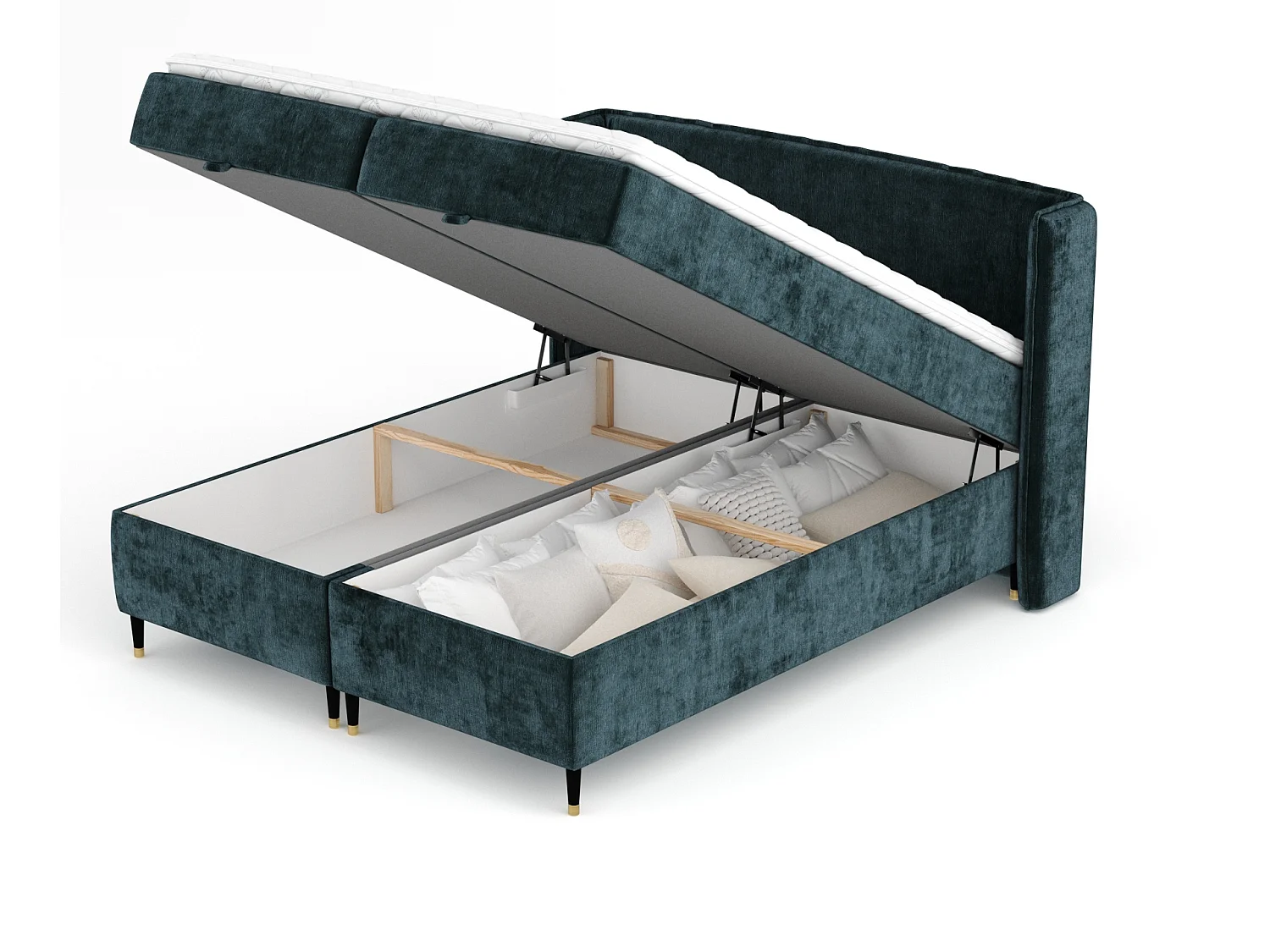 Boxspringbett aus Chenille-Stoff Monpelli - Matratze - Toppermatratze - 200x200 cm - blaugrüne