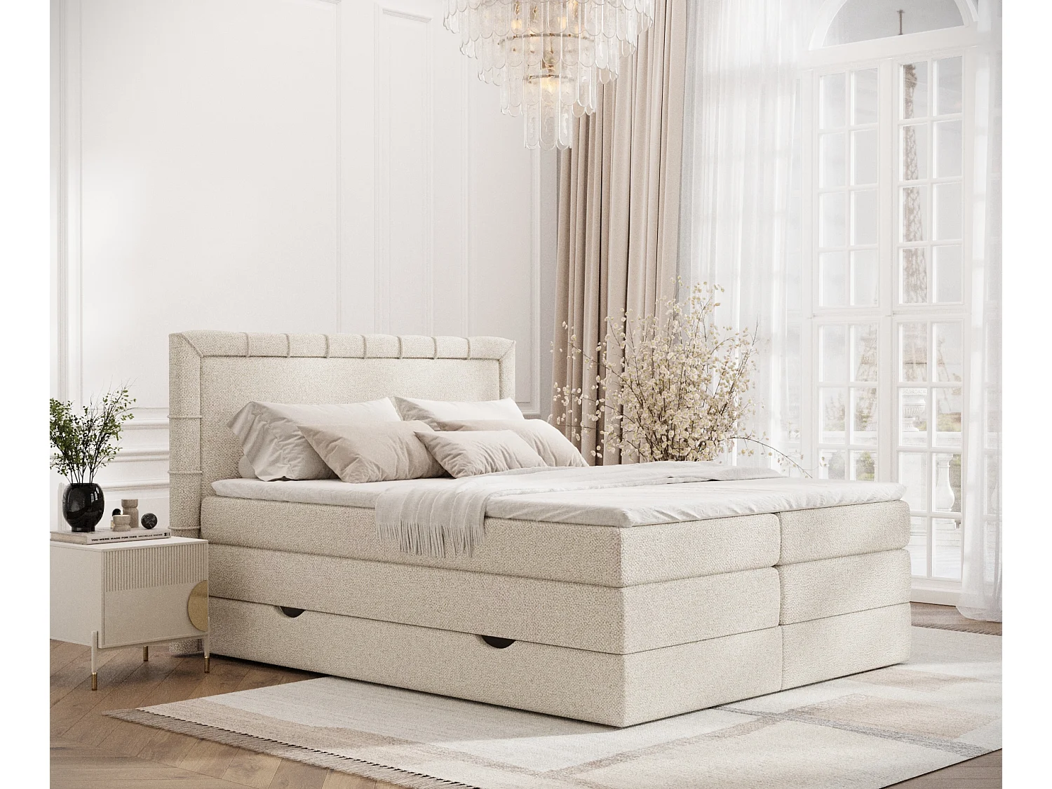 Lit boxspring en tissu bouclette Rosabel - matelas - surmatelas - 140x200 cm - creme