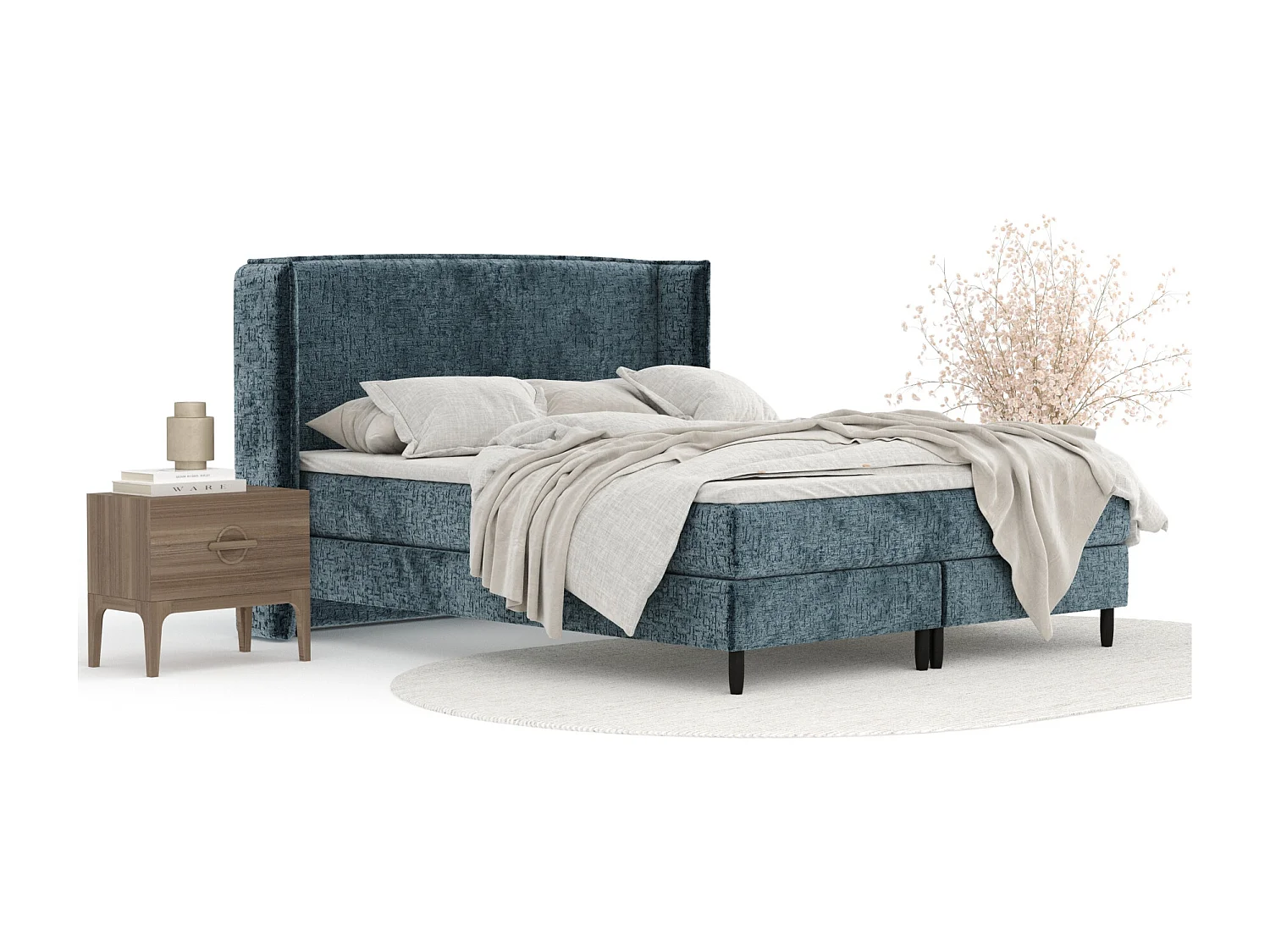 Lit boxspring en tissu chenille Ardis - matelas - surmatelas - 180x200 cm - bleu