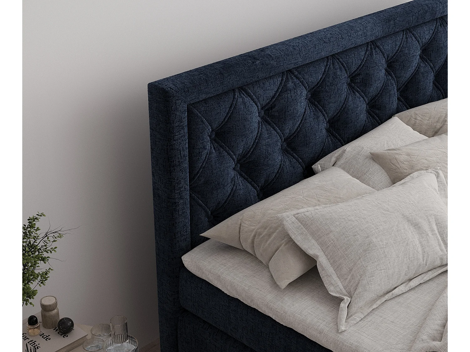 Boxspringbett aus Chenille-Stoff Aurelia - Matratze - Toppermatratze - 140x200 cm - marineblau