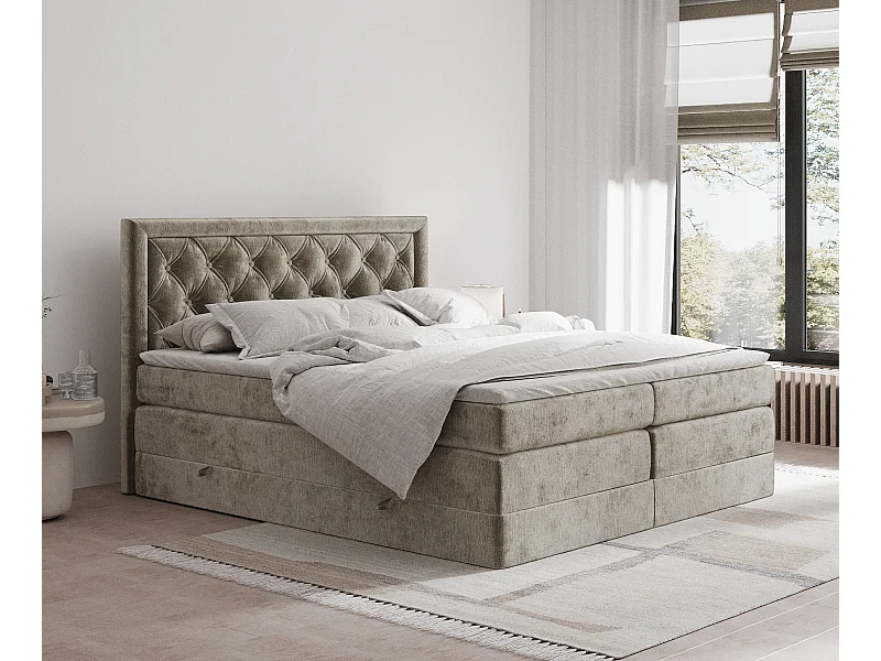 Boxspringbett aus Chenille-Stoff Aurelia - Matratze - Toppermatratze - 180x200 cm - beige