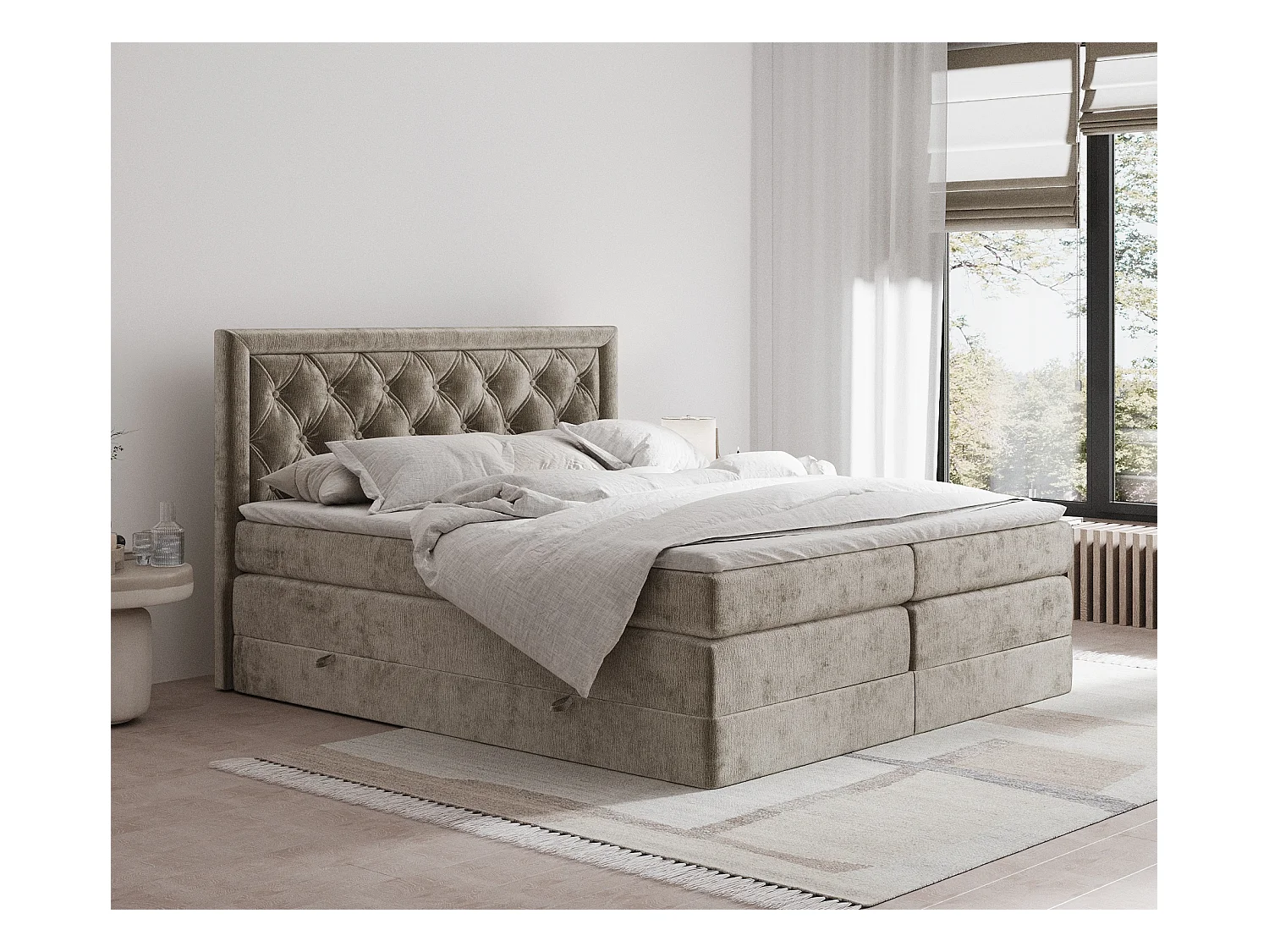Lit boxspring en tissu chenille Aurelia - matelas - surmatelas - 180x200 cm - beige