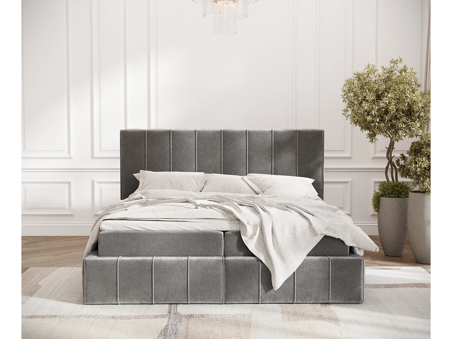 Boxspringbett aus Chenille-Stoff Moretti - Matratze - Toppermatratze - 200x200 cm - grau