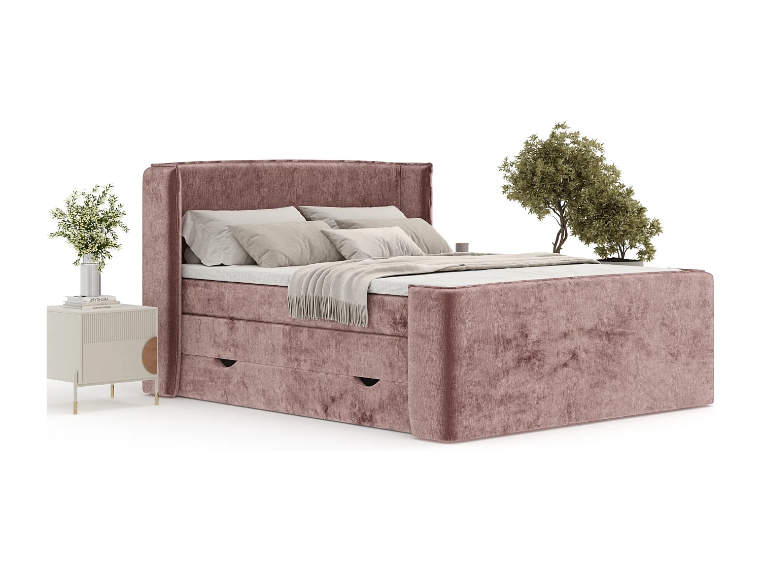Boxspringbett aus Chenille-Stoff Freeland - Matratze - Toppermatratze - 140x200 cm - rosa