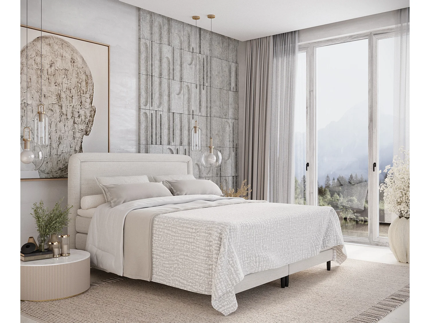 Boxspringbett aus Webstoff Dove - Matratze - Toppermatratze - 160x200 cm - creme