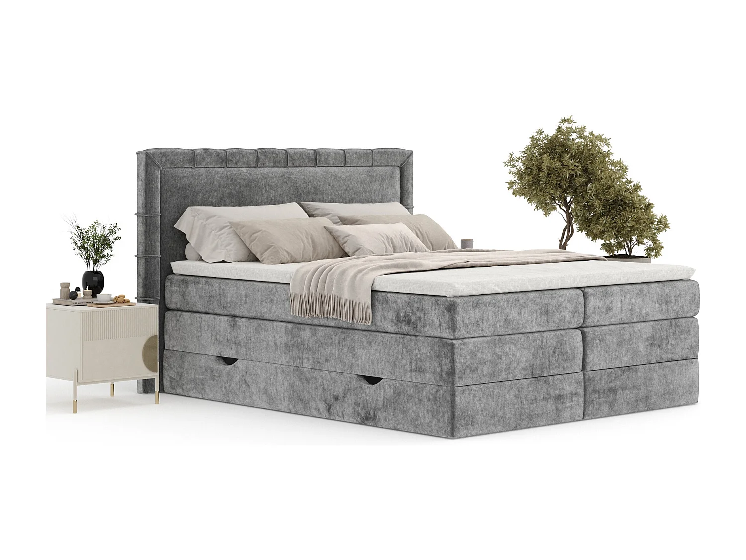 Boxspringbett aus Chenille-Stoff Rosabel - Matratze - Toppermatratze - 140x200 cm - grau