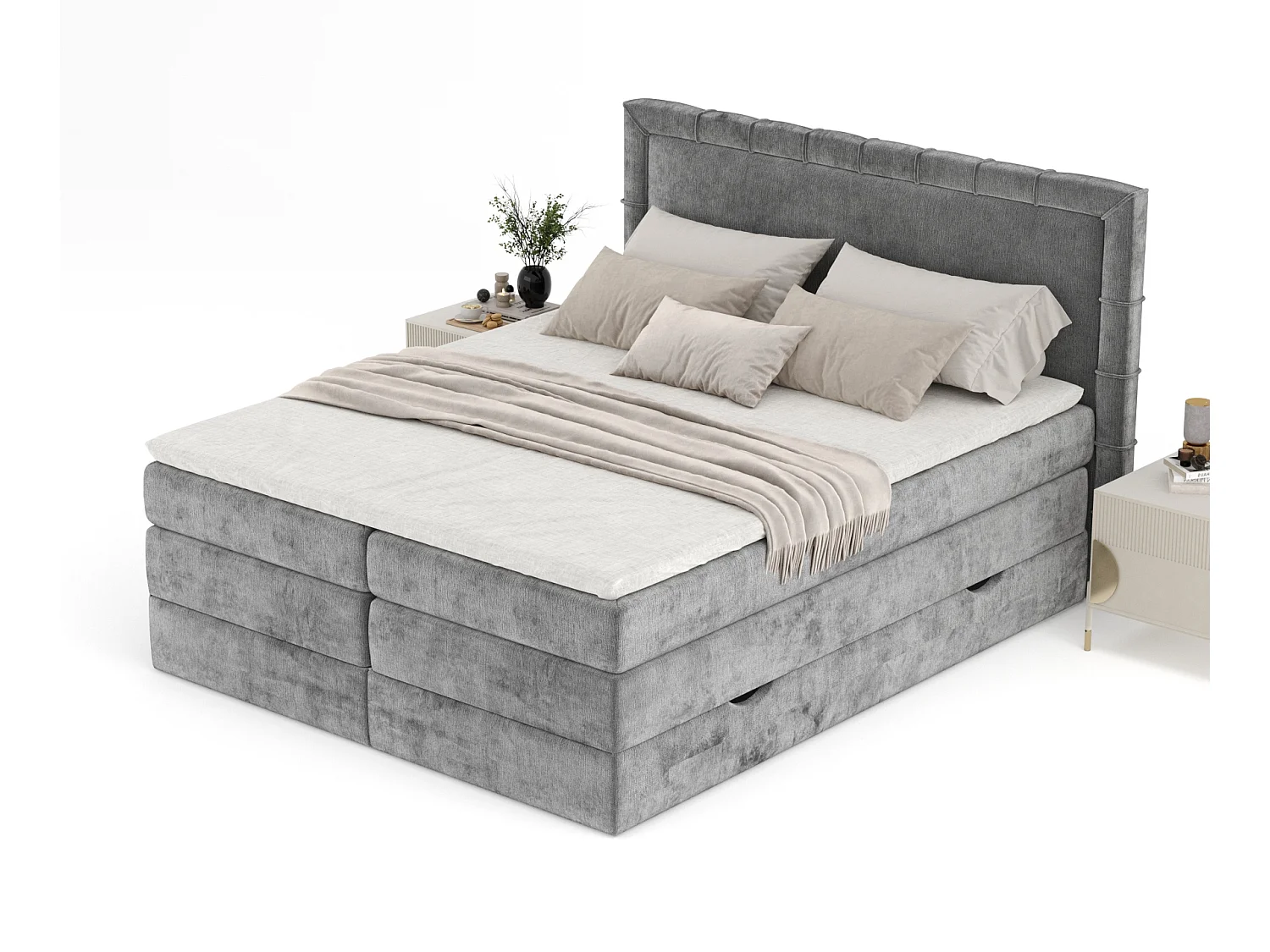Boxspringbett aus Chenille-Stoff Rosabel - Matratze - Toppermatratze - 140x200 cm - grau