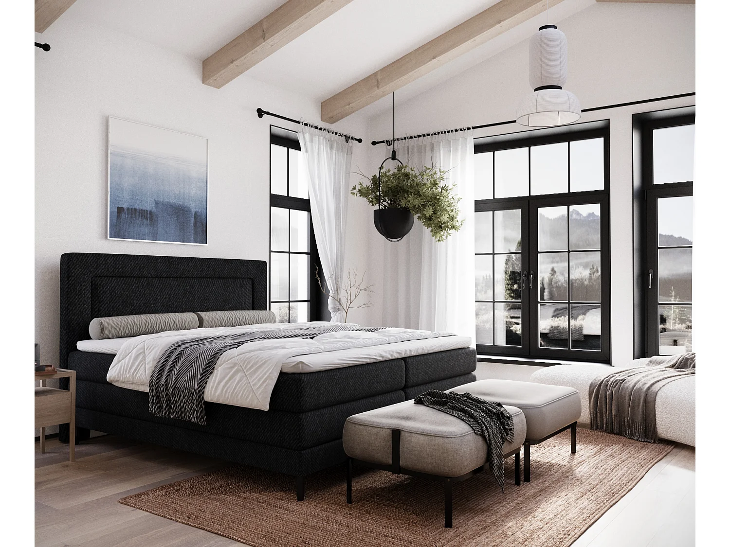 Lit boxspring en toile tissée Madame - matelas - surmatelas - 160x200 cm - noir