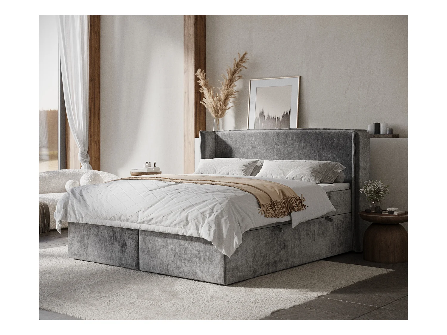 Lit boxspring en tissu chenille Skyline - matelas - surmatelas - 140x200 cm - gris