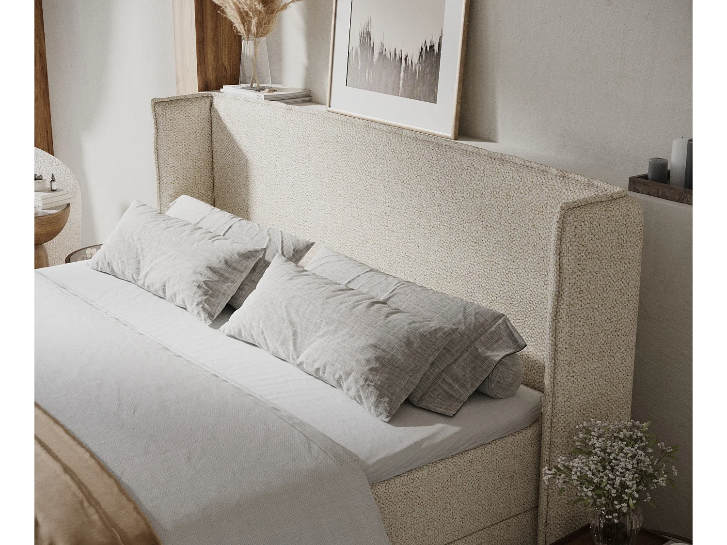 Lit boxspring en tissu bouclette Skyline - matelas - surmatelas - 180x200 cm - creme