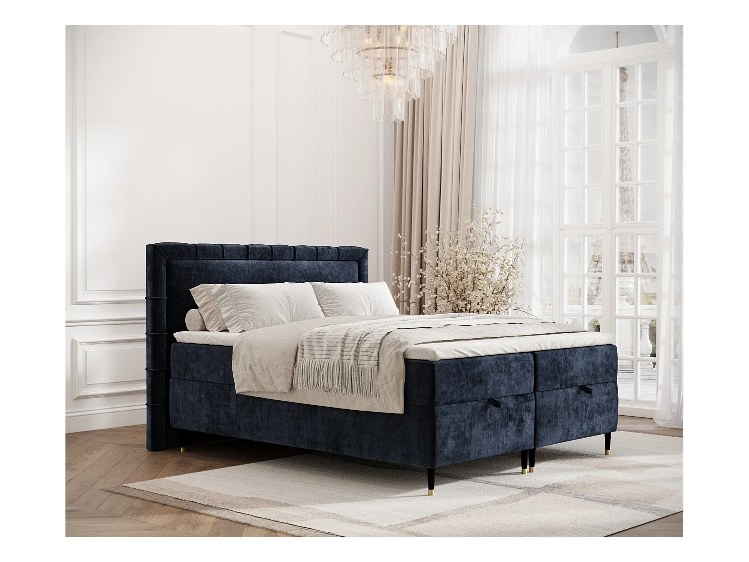 Lit boxspring en tissu chenille Voyage - matelas - surmatelas - 200x200 cm - bleu marine