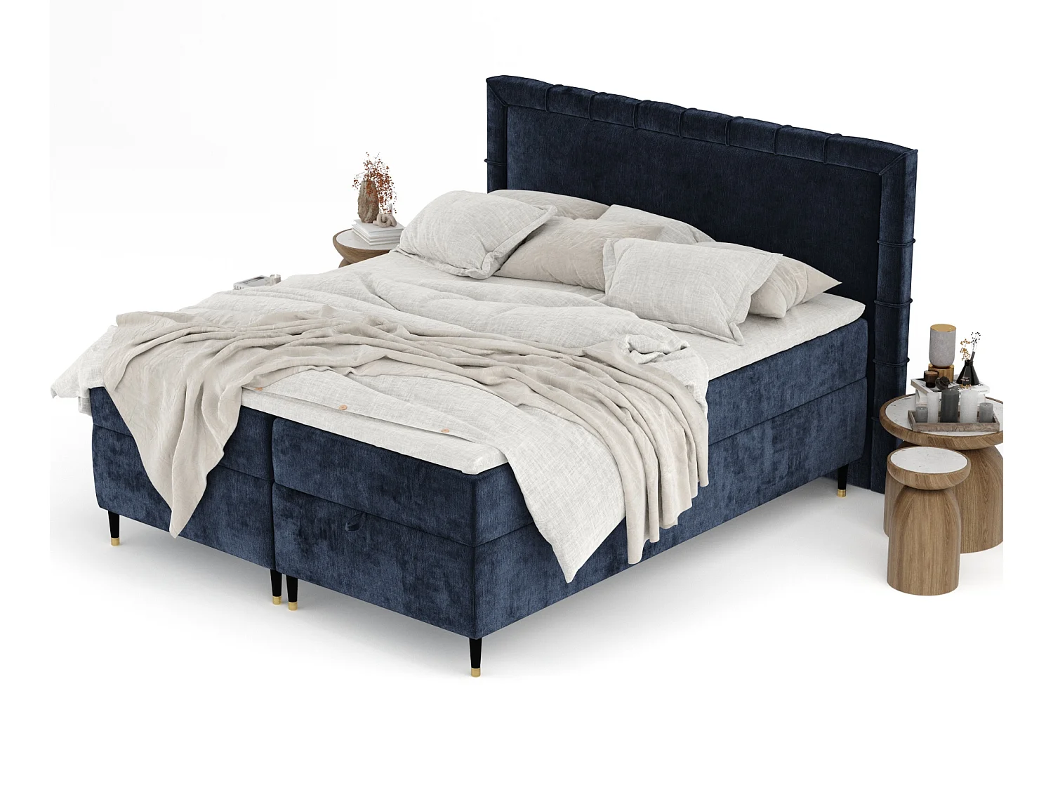 Boxspringbett aus Chenille-Stoff Voyage - Matratze - Toppermatratze - 200x200 cm - marineblau
