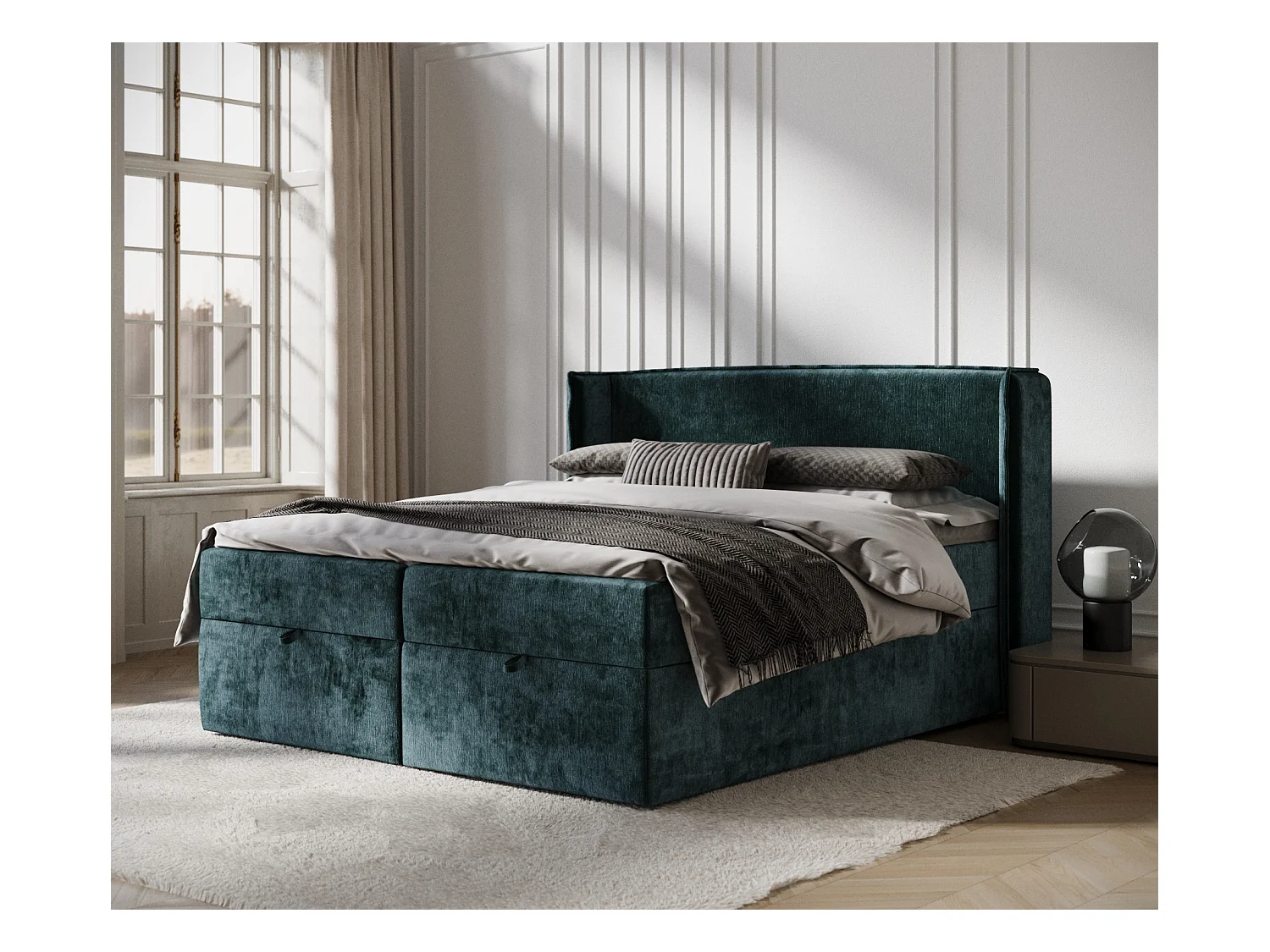 Lit boxspring en tissu chenille Passion - matelas - surmatelas - 200x200 cm - couleur sarcelle