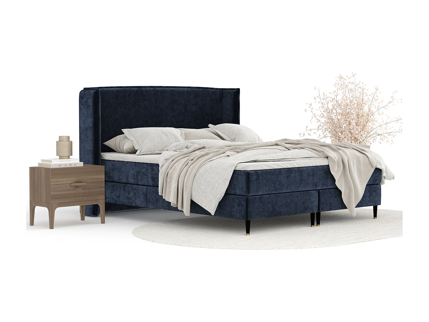 Boxspringbett aus Chenille-Stoff Ardis - Matratze - Toppermatratze - 180x200 cm - marineblau