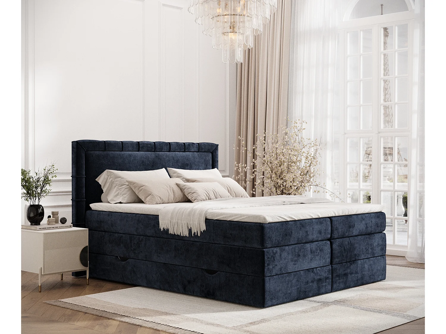 Boxspringbett aus Chenille-Stoff Rosabel - Matratze - Toppermatratze - 180x200 cm - marineblau