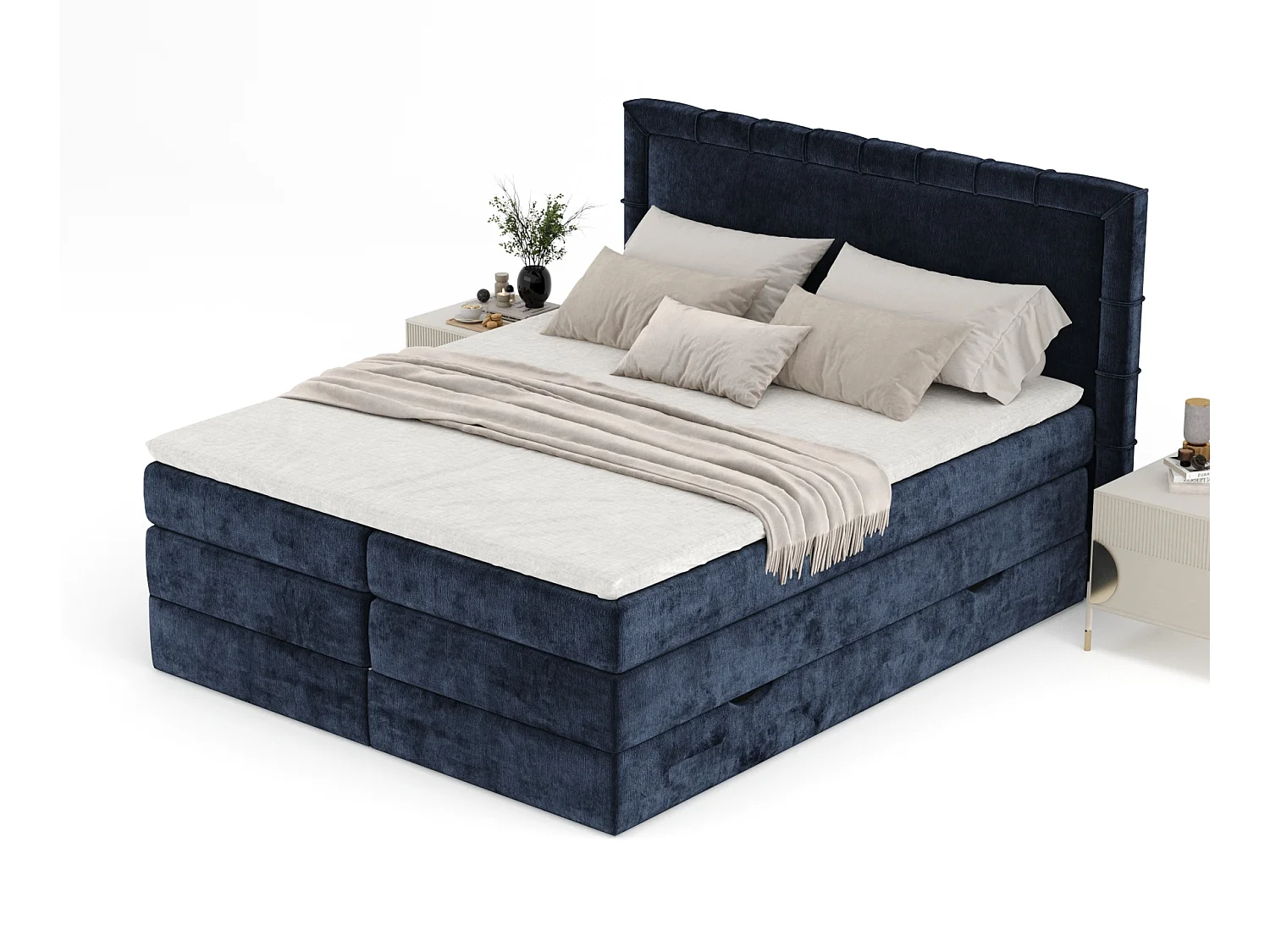 Boxspringbett aus Chenille-Stoff Rosabel - Matratze - Toppermatratze - 180x200 cm - marineblau