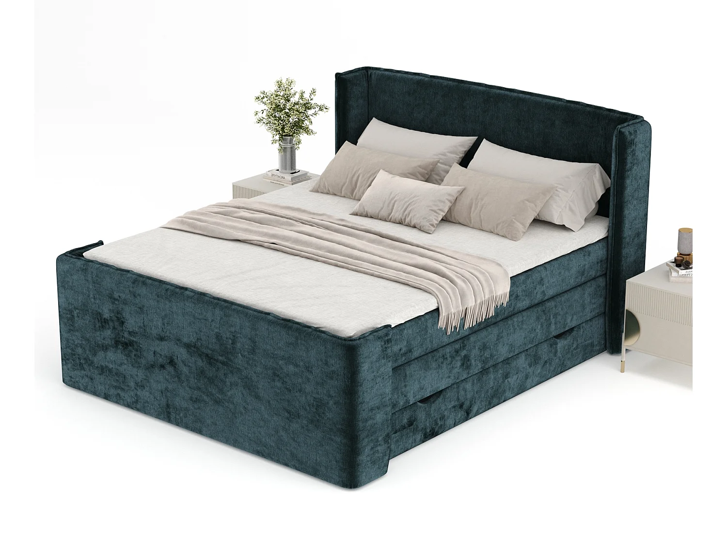 Lit boxspring en tissu chenille Freeland - matelas - surmatelas - 200x200 cm - couleur sarcelle