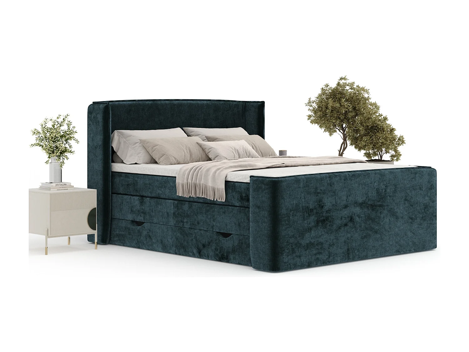 Boxspringbett aus Chenille-Stoff Freeland - Matratze - Toppermatratze - 200x200 cm - blaugrüne