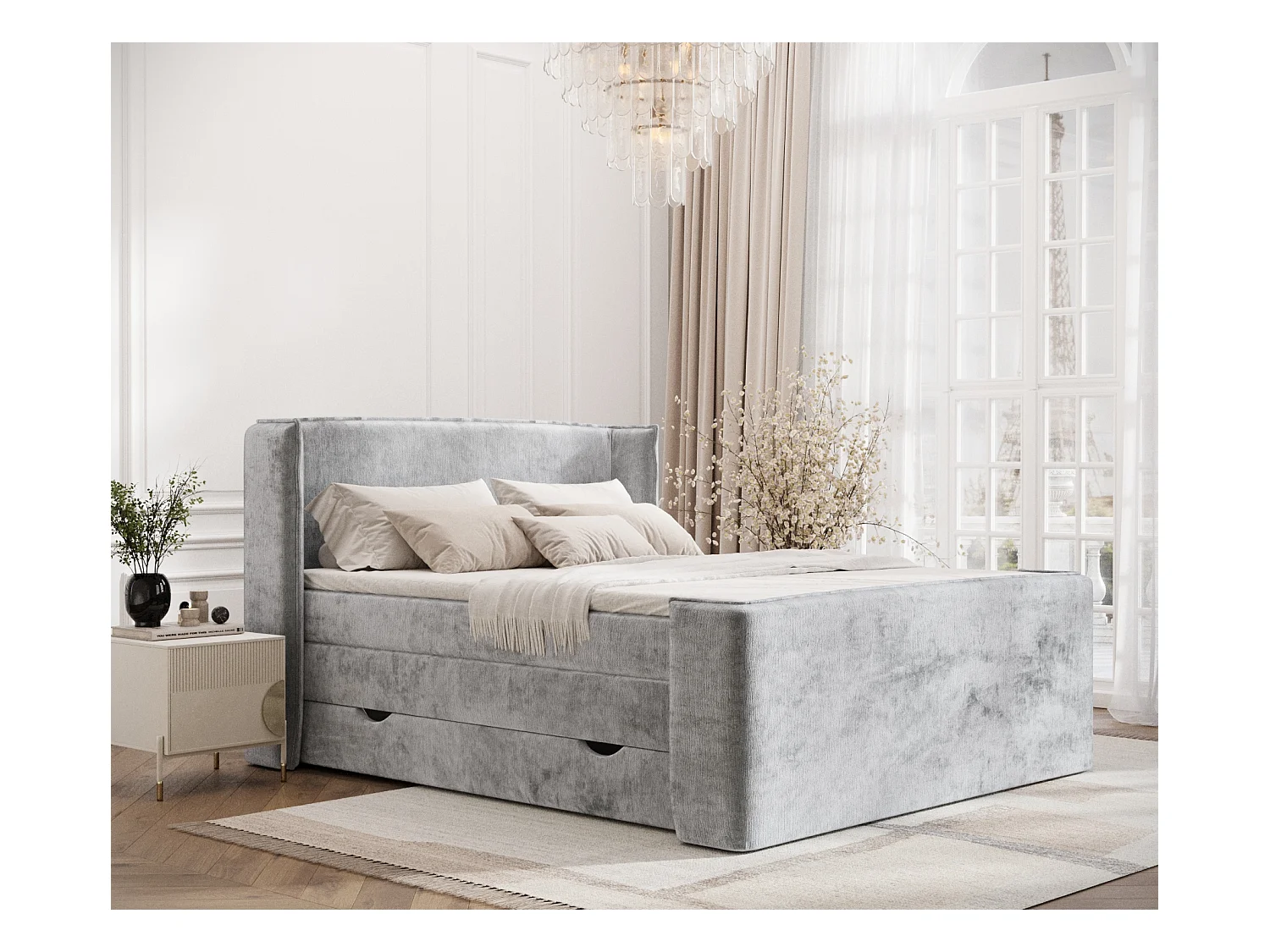 Lit boxspring en tissu chenille Freeland - matelas - surmatelas - 160x200 cm - gris clair