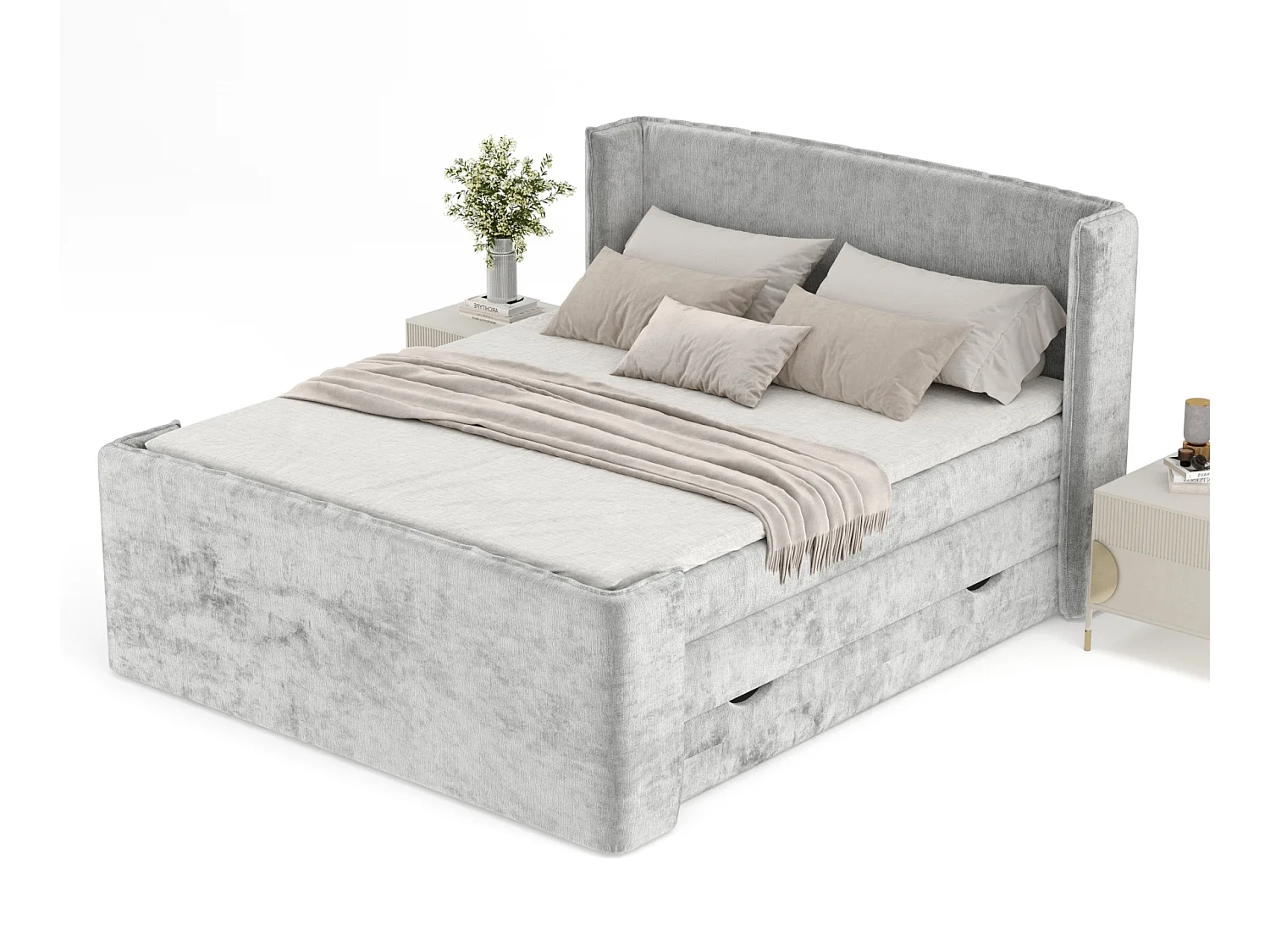 Boxspringbett aus Chenille-Stoff Freeland - Matratze - Toppermatratze - 160x200 cm - hellgrau