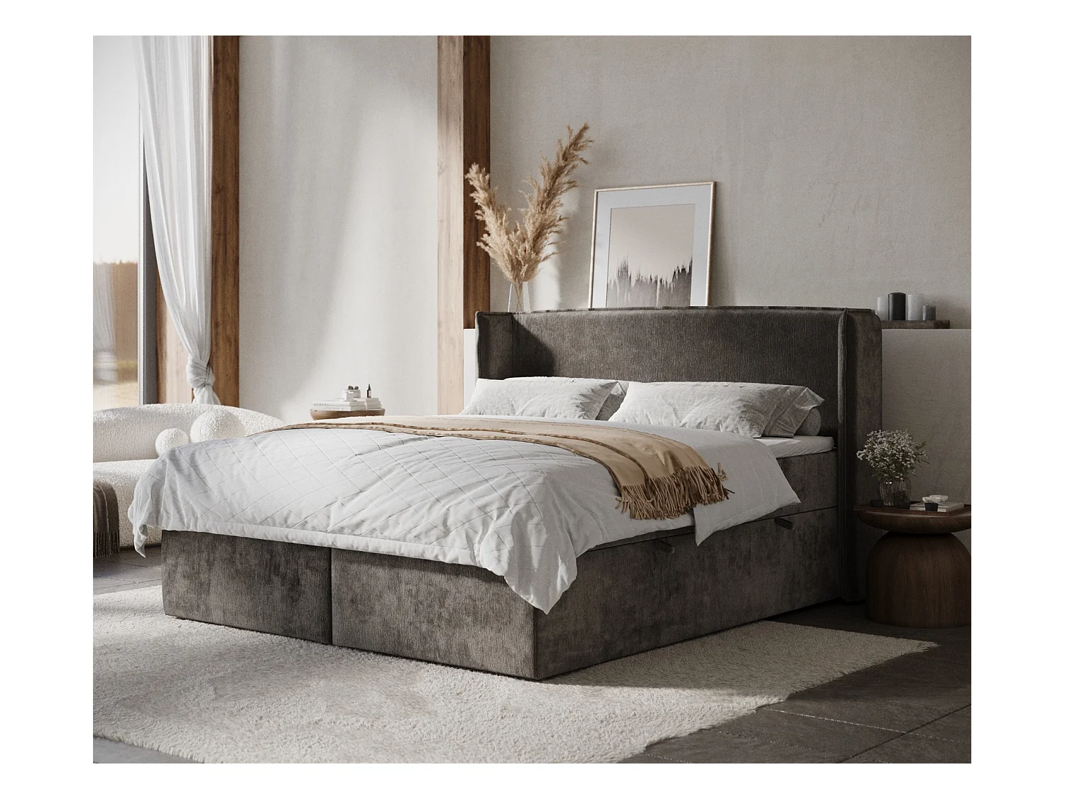 Lit boxspring en tissu chenille Skyline - matelas - surmatelas - 140x200 cm - brun