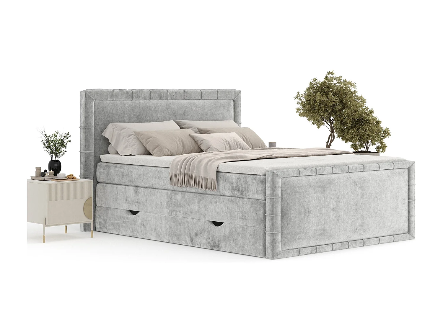 Lit boxspring en tissu chenille Estelle - matelas - surmatelas - 160x200 cm - gris clair