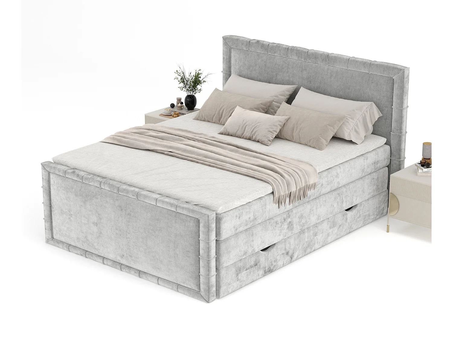 Boxspringbett im Chenille-Stoff Estelle - Matratze - Topper - 160x200 cm - hellgrau