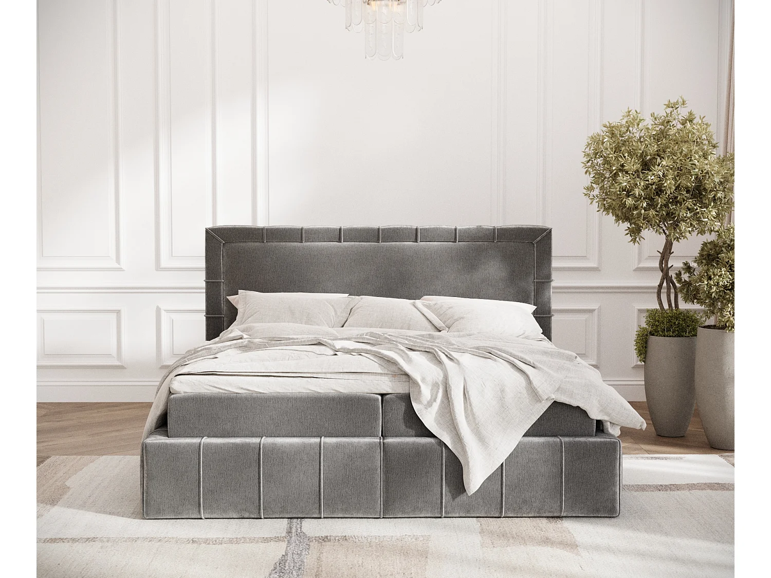 Boxspringbett aus Chenille-Stoff Sundown - Matratze - Toppermatratze - 140x200 cm - grau