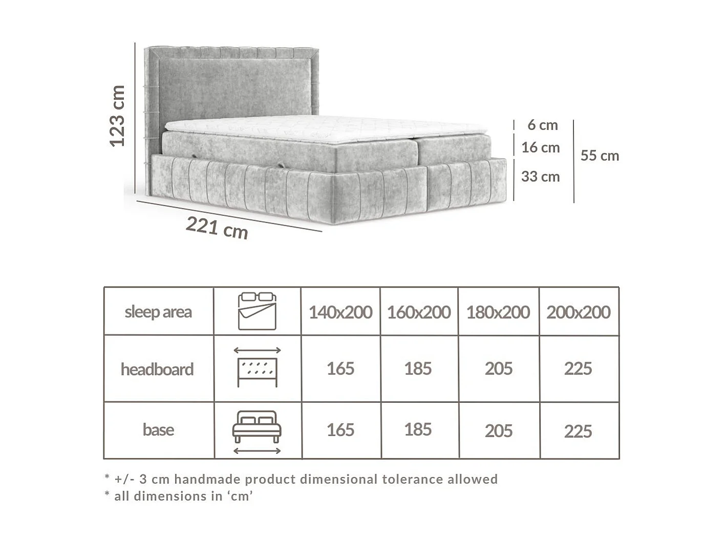 Boxspringbett aus Chenille-Stoff Sundown - Matratze - Toppermatratze - 140x200 cm - grau