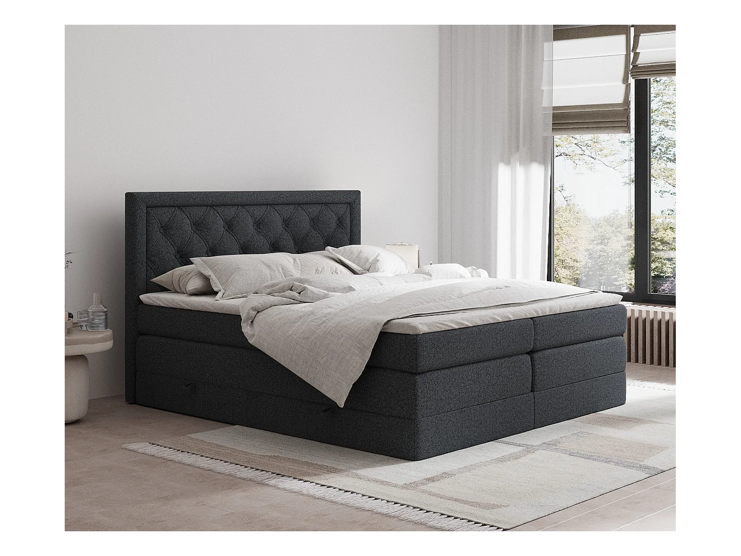 Lit boxspring en toile tissée Aurelia - matelas - surmatelas - 180x200 cm - noir