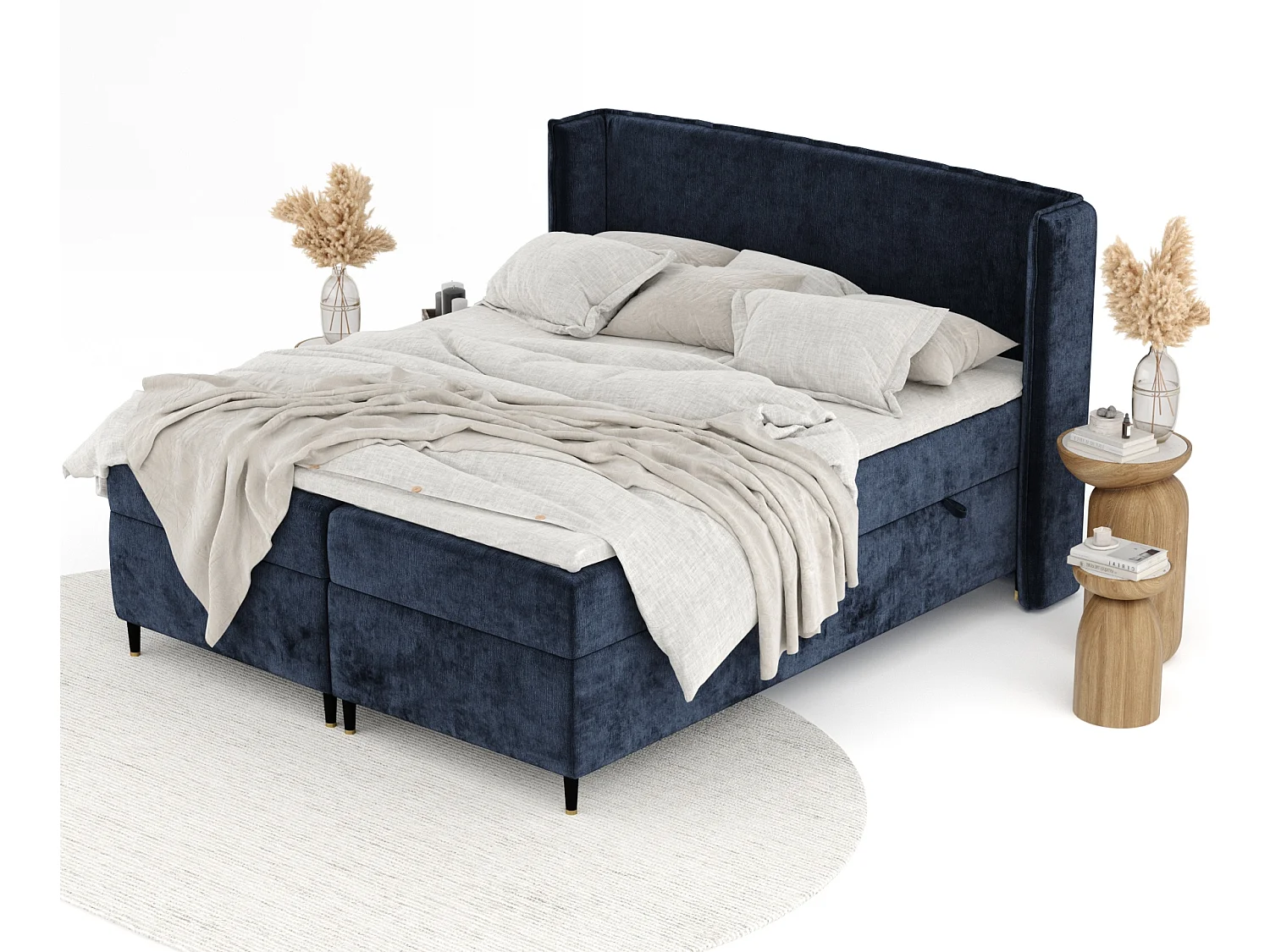 Lit boxspring en tissu chenille Segni - matelas - surmatelas - 200x200 cm - bleu marine