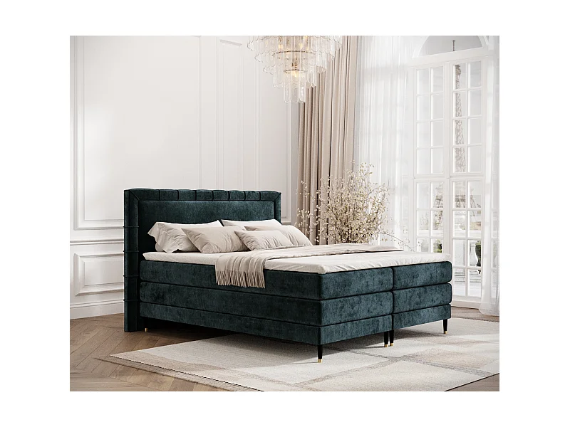 Boxspringbett aus Chenille-Stoff Rimini - Matratze - Toppermatratze - 160x200 cm - blaugrüne