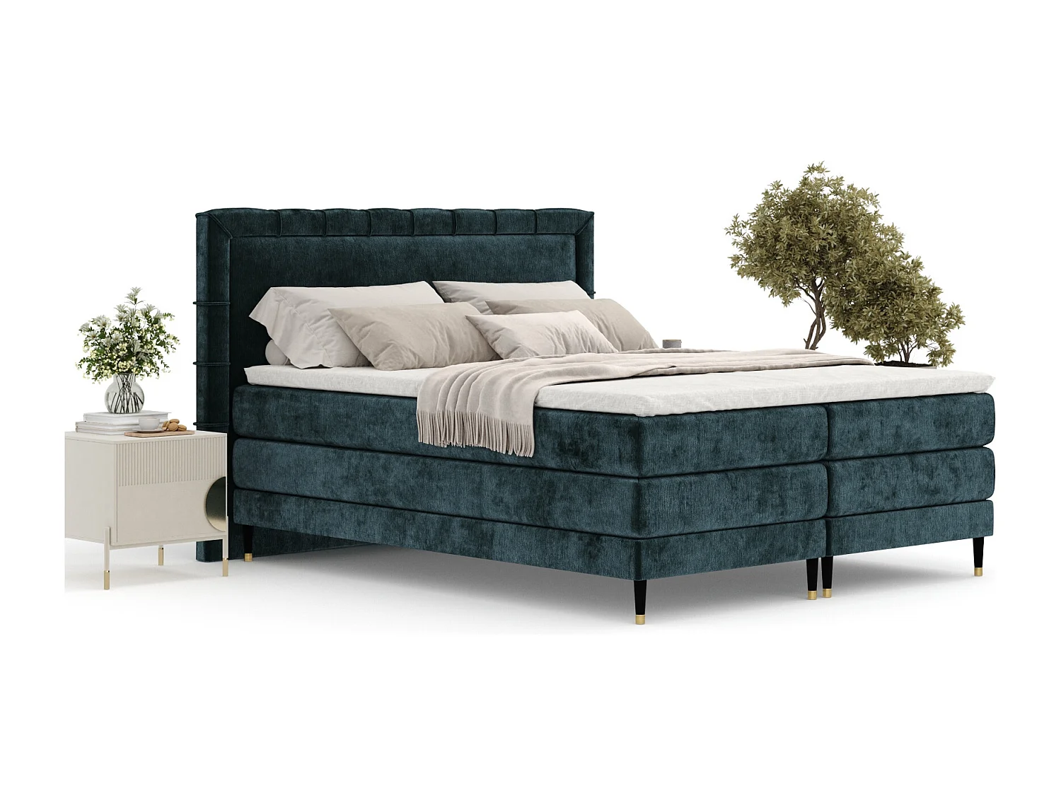 Boxspringbett aus Chenille-Stoff Rimini - Matratze - Toppermatratze - 160x200 cm - blaugrüne