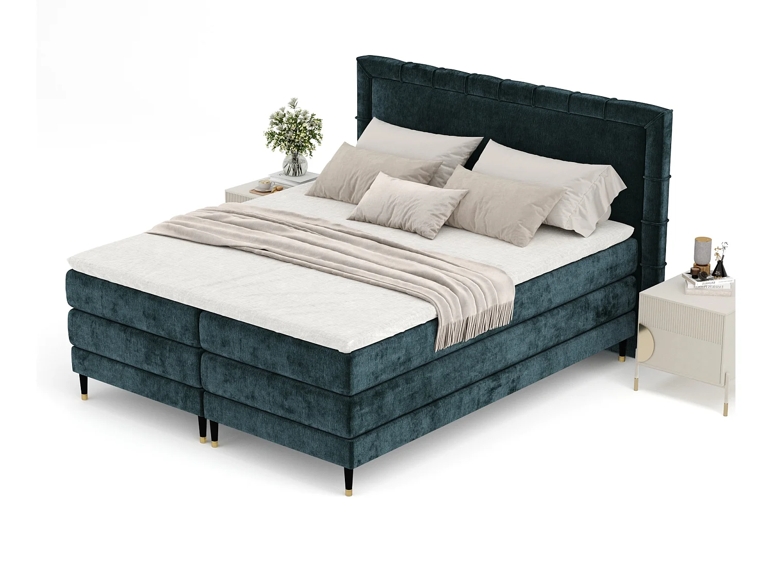 Boxspringbett aus Chenille-Stoff Rimini - Matratze - Toppermatratze - 160x200 cm - blaugrüne