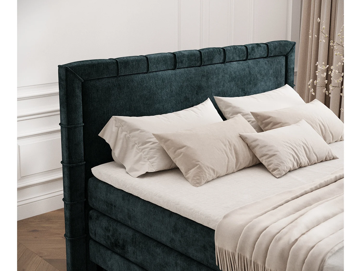 Boxspringbett aus Chenille-Stoff Rimini - Matratze - Toppermatratze - 160x200 cm - blaugrüne