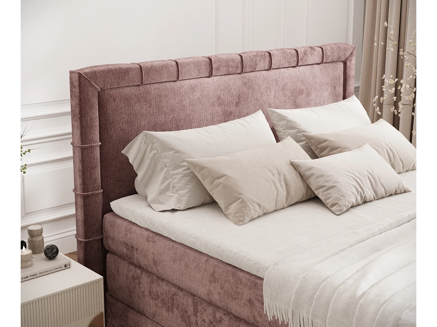 Boxspringbett im Chenille-Stoff Estelle - Matratze - Topper - 140x200 cm - rosa