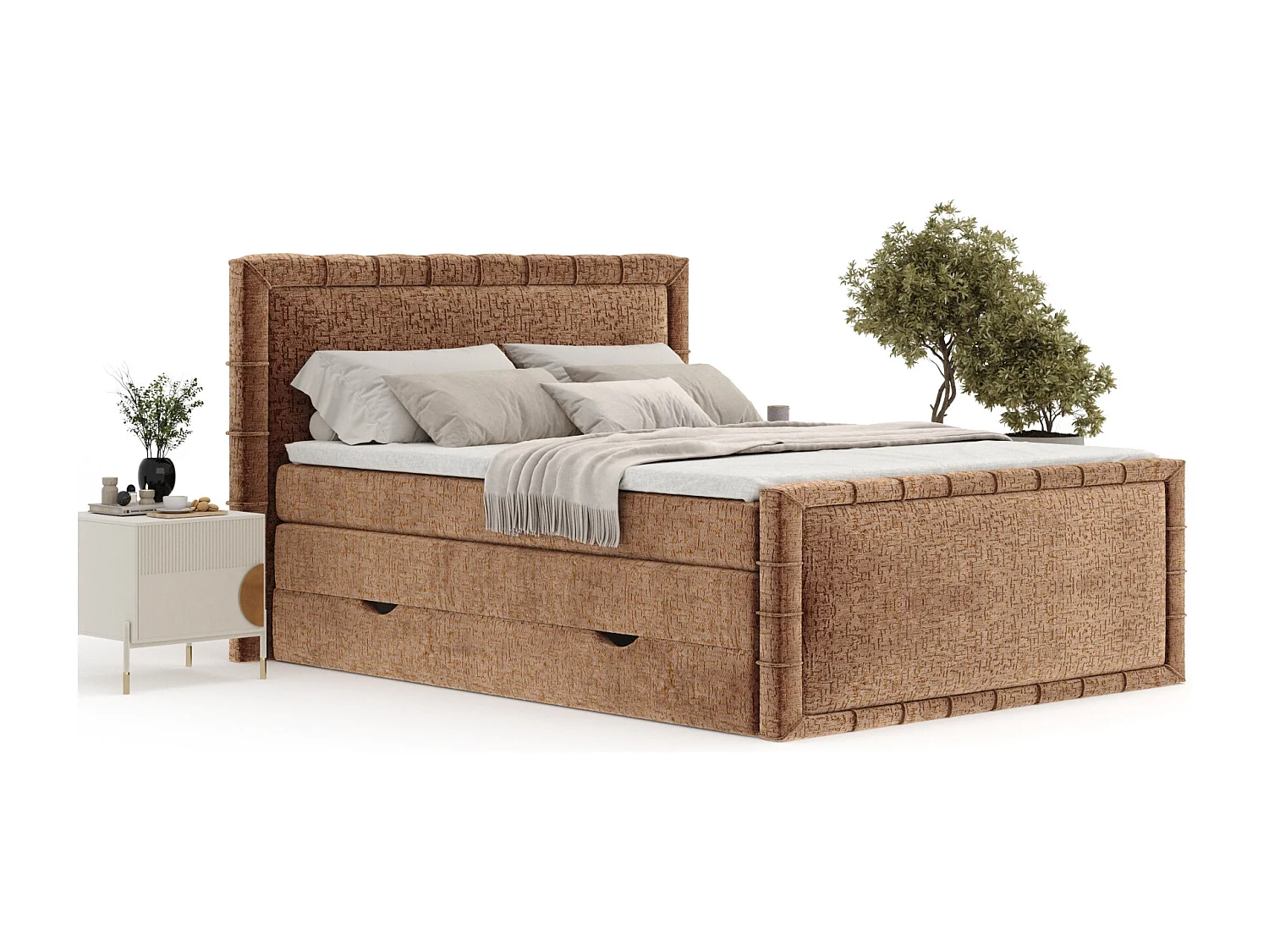 Boxspringbett im Chenille-Stoff Estelle - Matratze - Topper - 140x200 cm - kupferfarbe