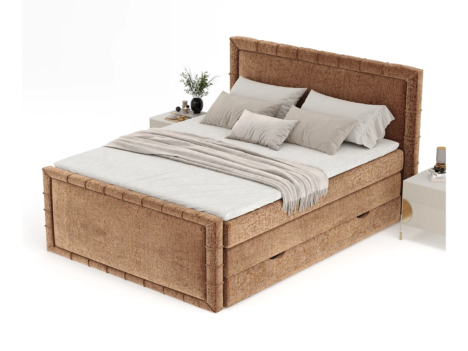 Boxspringbett im Chenille-Stoff Estelle - Matratze - Topper - 140x200 cm - kupferfarbe