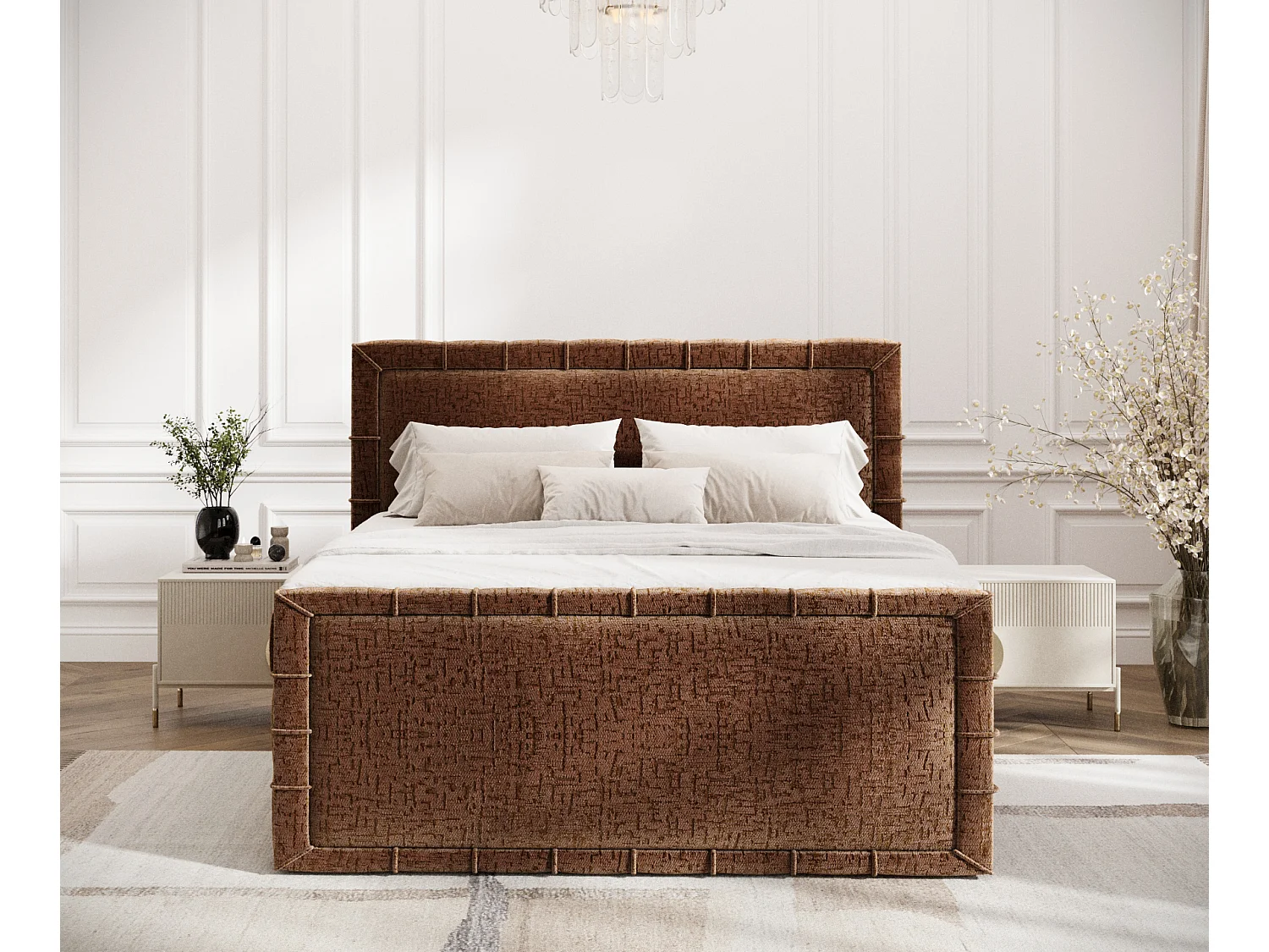 Boxspringbett im Chenille-Stoff Estelle - Matratze - Topper - 140x200 cm - kupferfarbe