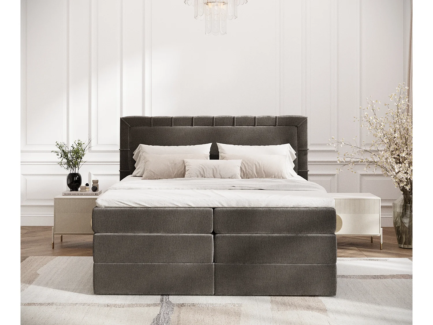 Boxspringbett aus Chenille-Stoff Rosabel - Matratze - Toppermatratze - 140x200 cm - braun