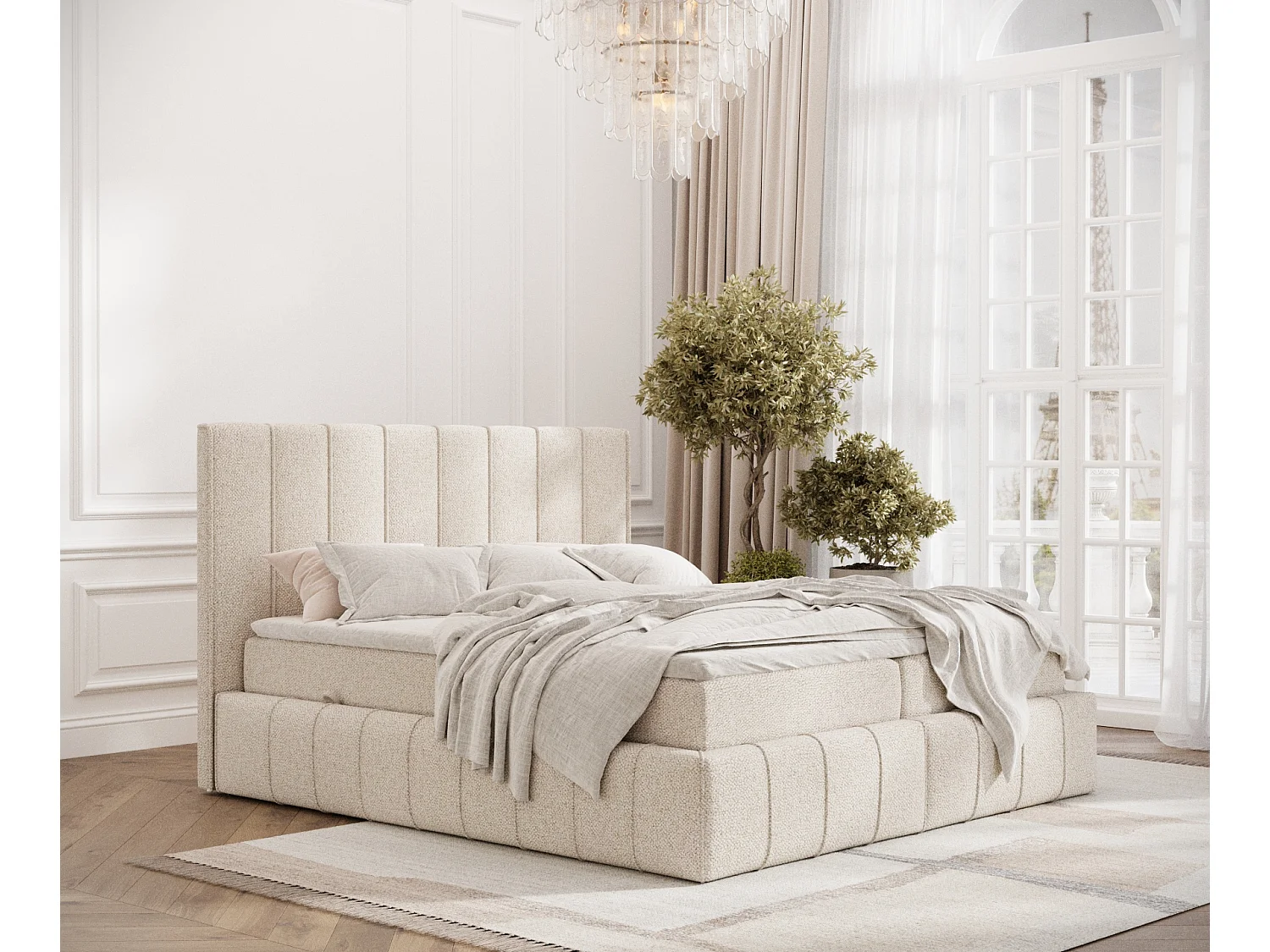 Boxspringbett aus Boucle-Stoff Moretti - Matratze - Toppermatratze - 160x200 cm - creme