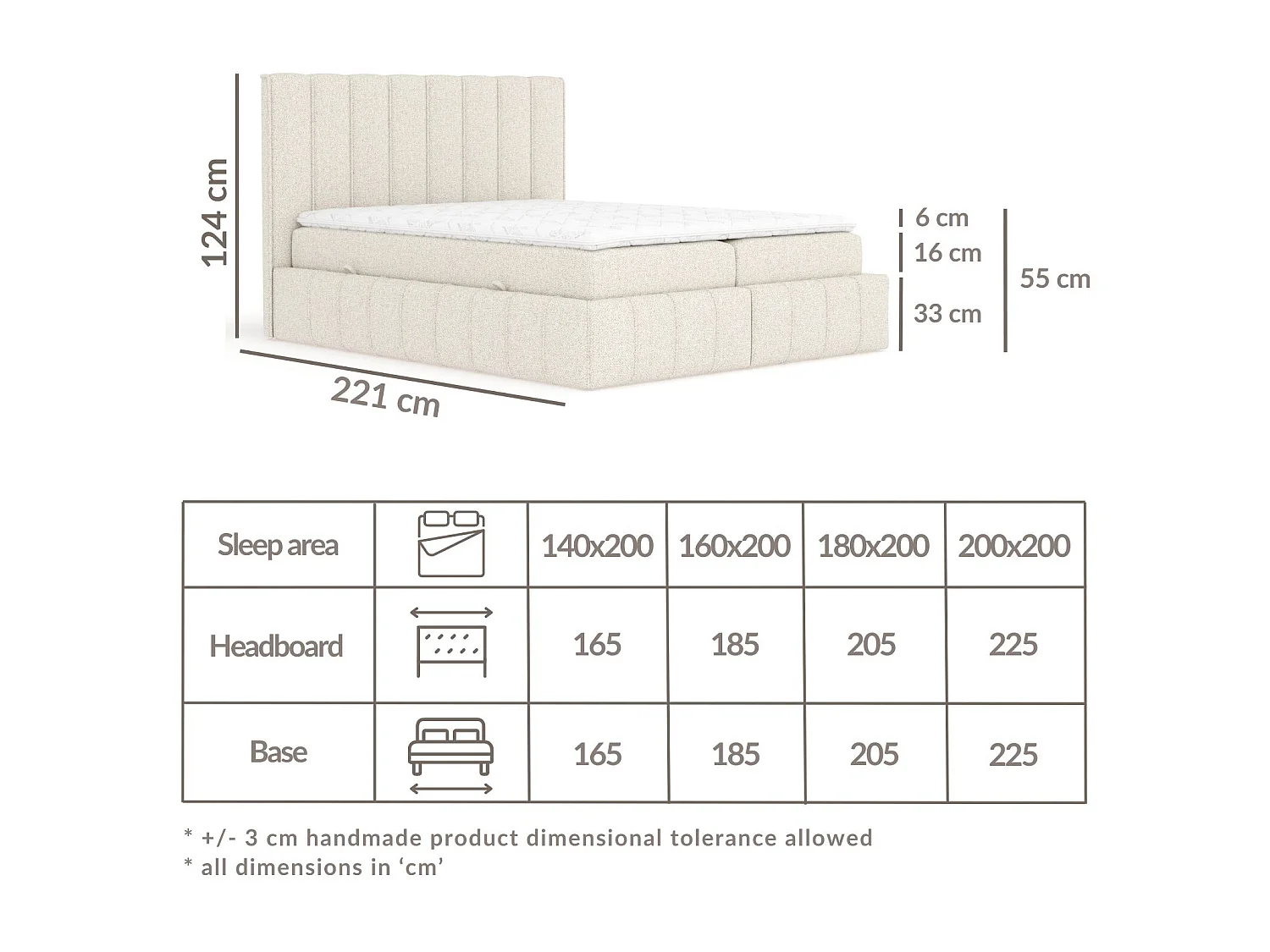 Lit boxspring en tissu bouclette Moretti - matelas - surmatelas - 160x200 cm - cream