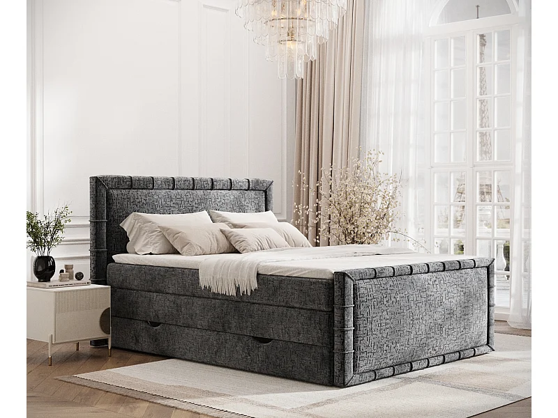 Boxspringbett im Chenille-Stoff Estelle - Matratze - Topper - 200x200 cm - anthrazit