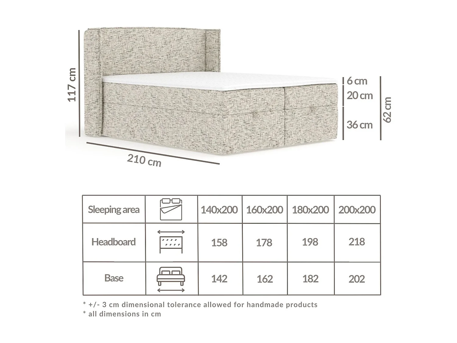 Boxspringbett aus Webstoff Passion - Matratze - Toppermatratze - 160x200 cm - beige melange