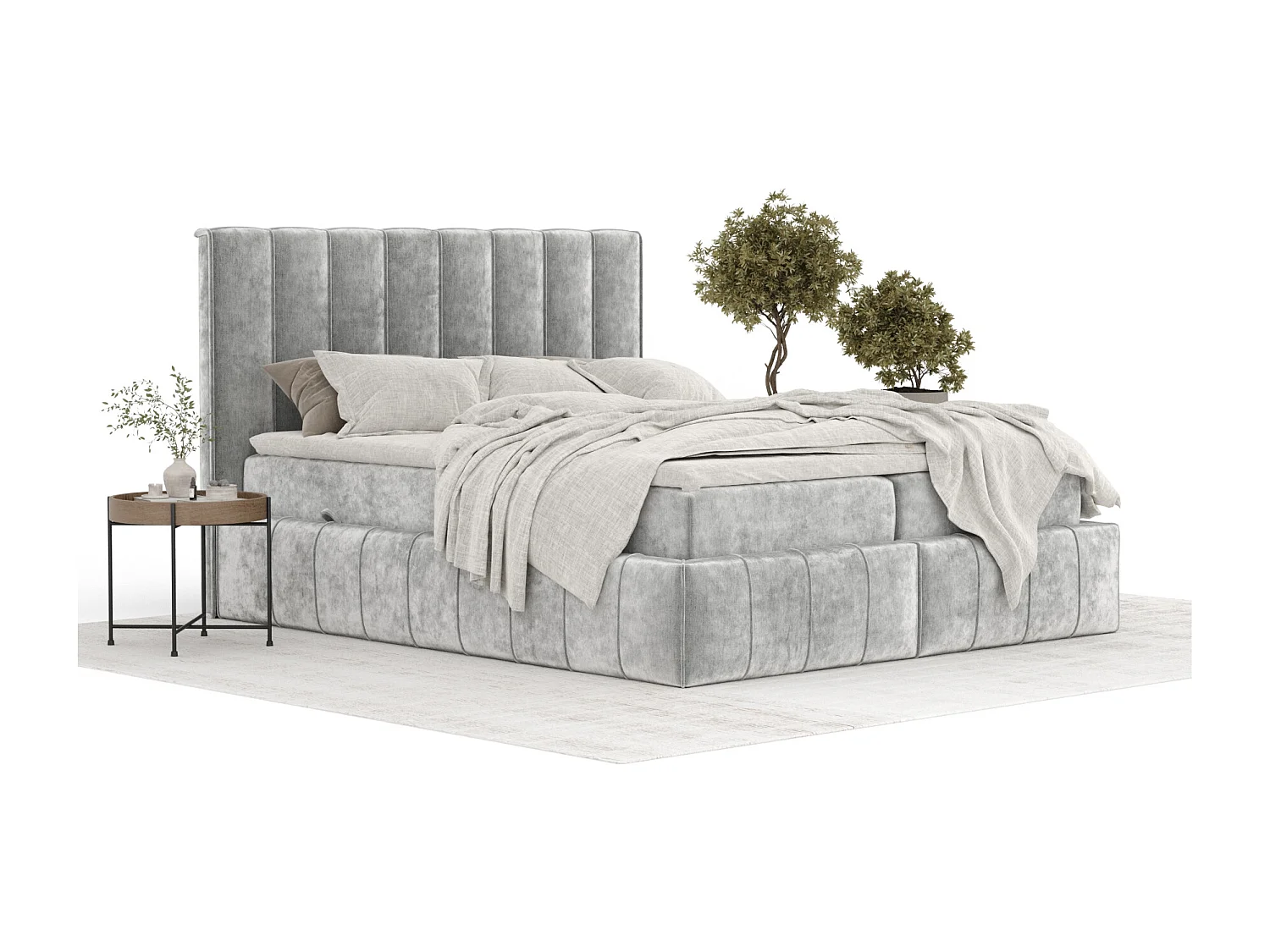 Boxspringbett aus Chenille-Stoff Moretti - Matratze - Toppermatratze - 200x200 cm - hellgrau