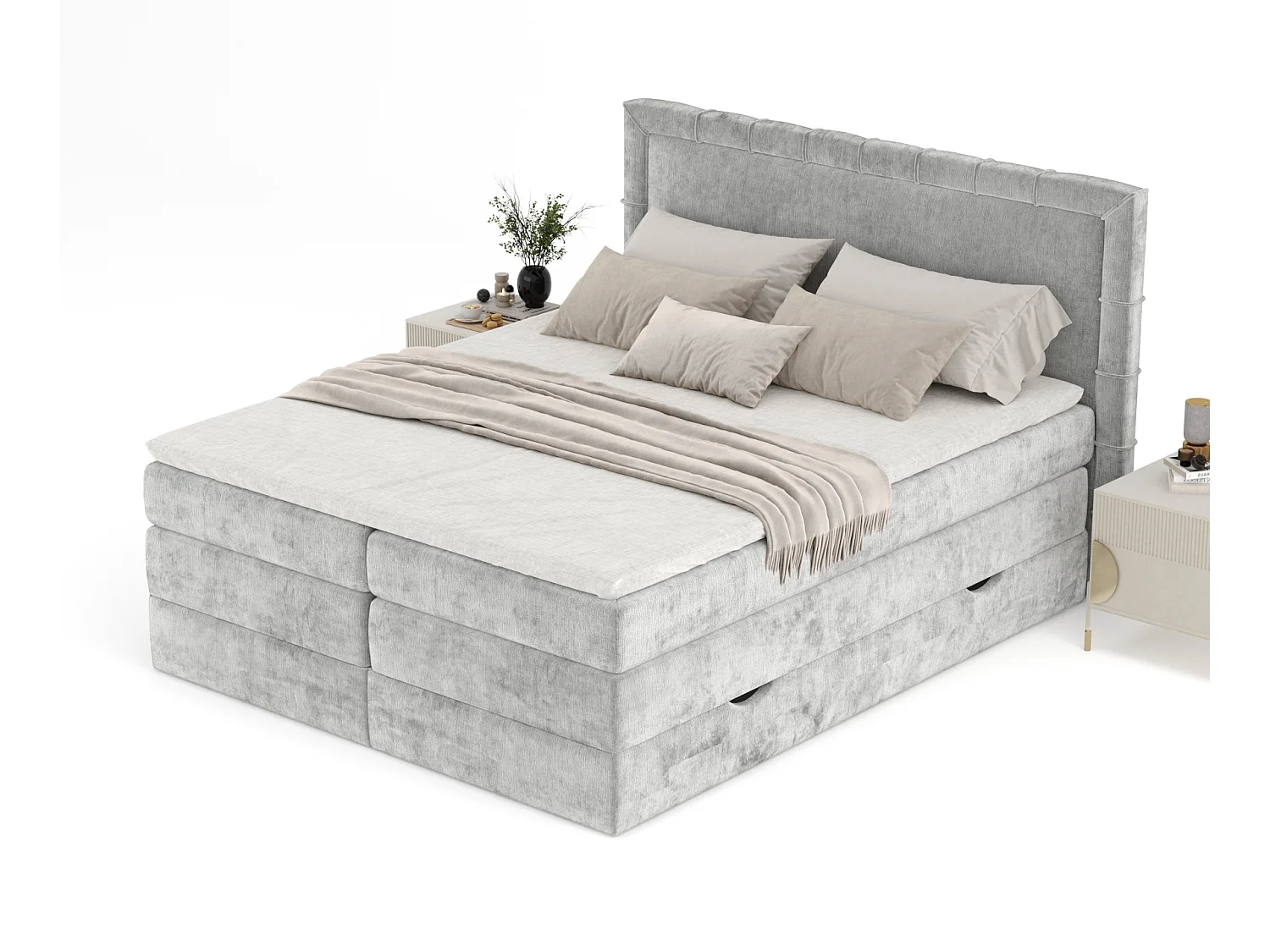 Boxspringbett aus Chenille-Stoff Rosabel - Matratze - Toppermatratze - 180x200 cm - hellgrau
