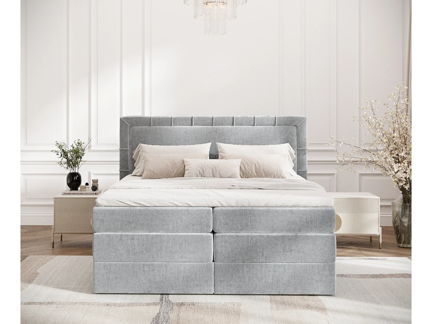 Boxspringbett aus Chenille-Stoff Rosabel - Matratze - Toppermatratze - 180x200 cm - hellgrau