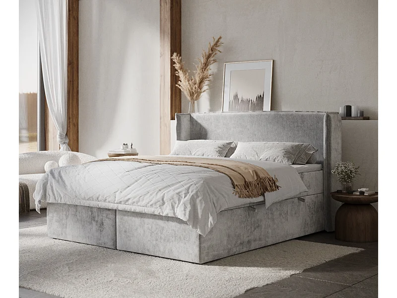 Lit boxspring en tissu chenille Skyline - matelas - surmatelas - 140x200 cm - gris clair